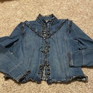 Women's Y2K ruffle denim jacket with decorative buttons and clasp closures